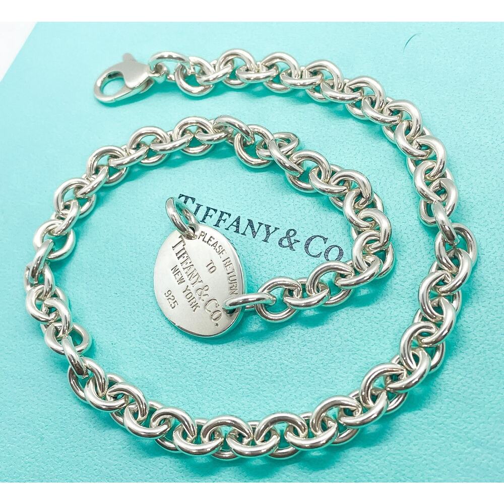 Tiffany & Co. Return To Sterling Silver Oval Tag Choker Pendant Necklace 15" - Picture 3 of 11
